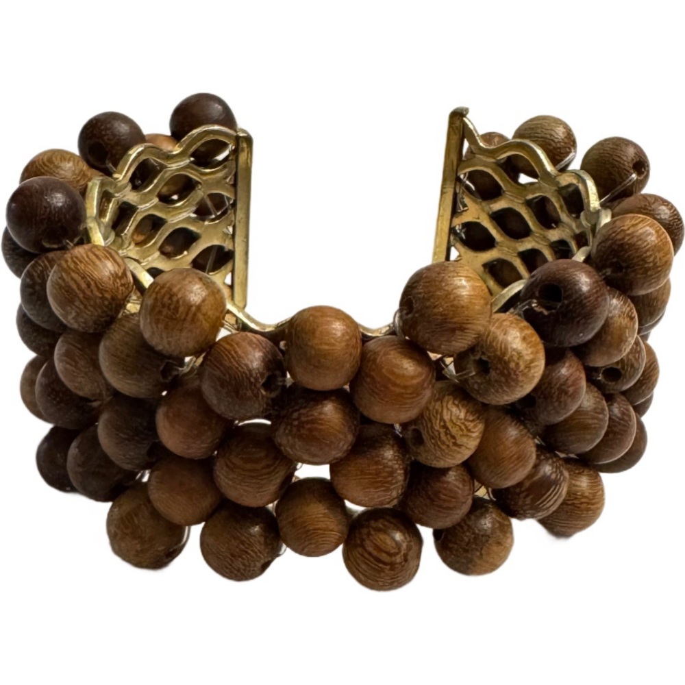 Wood Bead Cuff Bracelet with a Gold Tone Metal Frame Tribal Boho Natural Jewelry